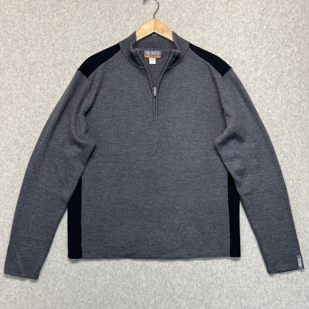 Meister 1/4 Zip Pullover Mens L‎ Gray Merino Wool Blend Sweater Ski Performance